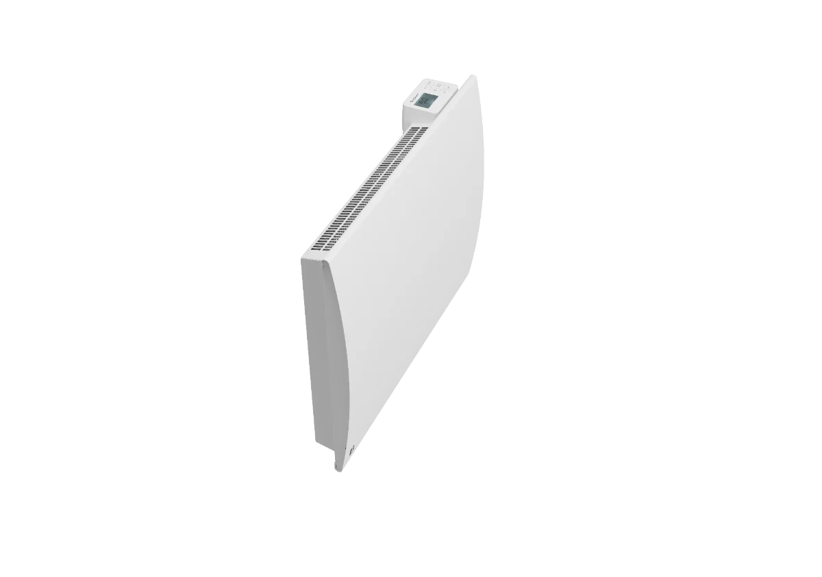 Radiateur à inertie sèche céramique connecté LESSO CONNECT vue de biais sur fond blanc