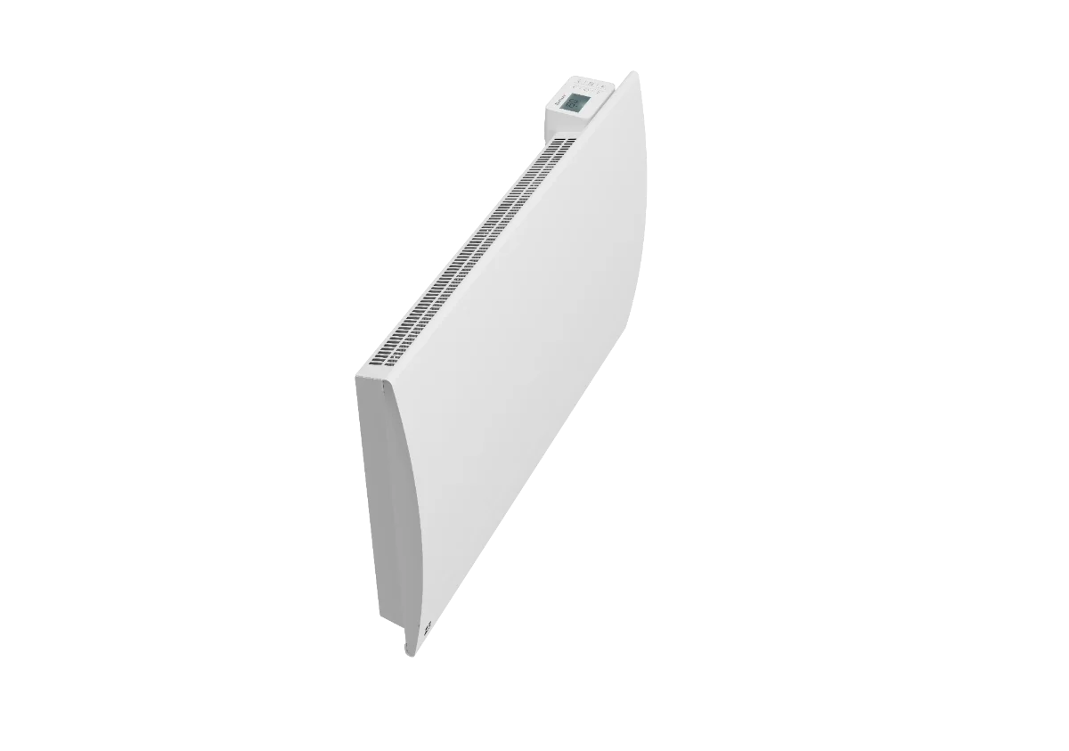Radiateur à inertie sèche céramique connecté LESSO CONNECT vue de biais sur fond blanc