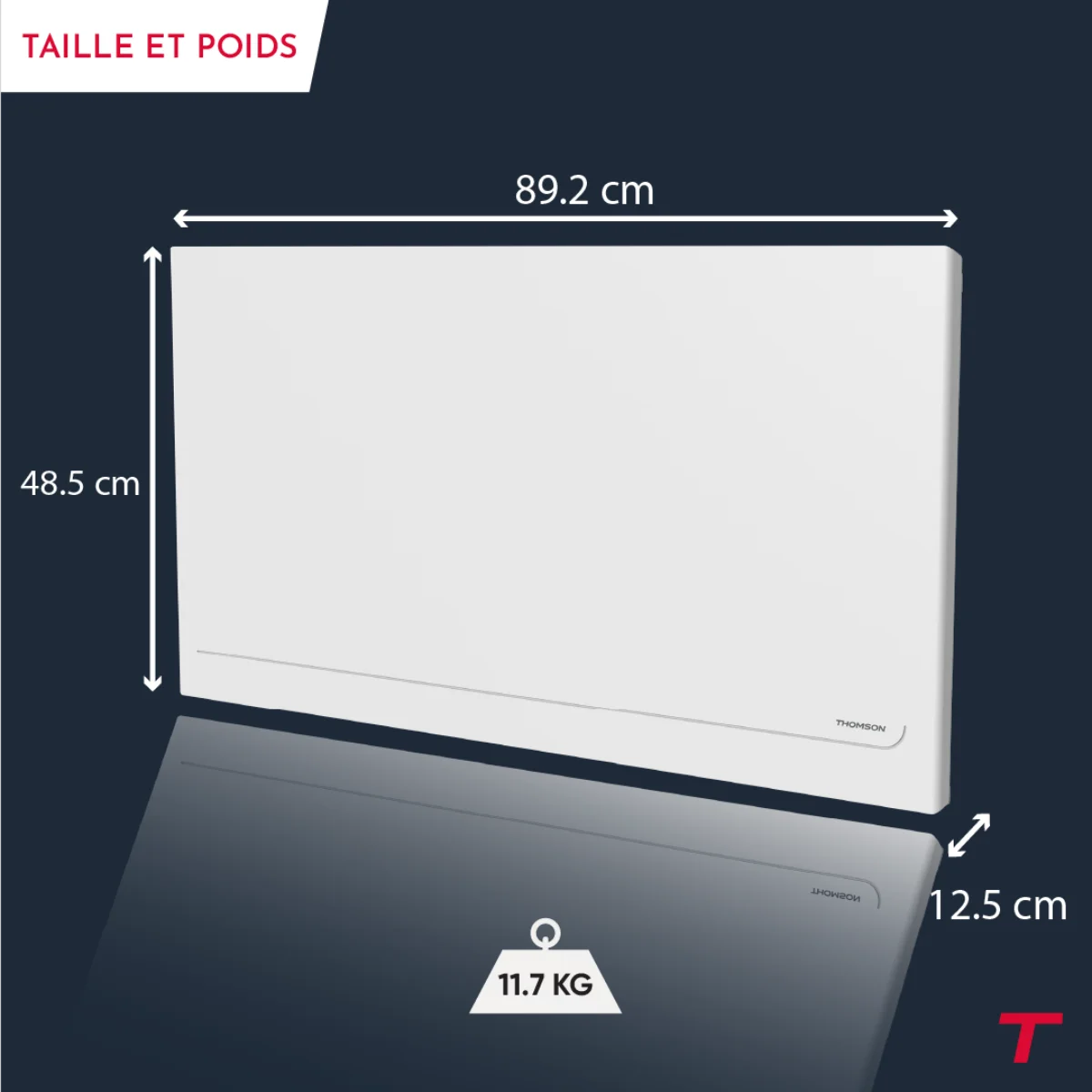 Dimensions et garanties du radiateur électrique MILLA 1500W de la marque Thomson