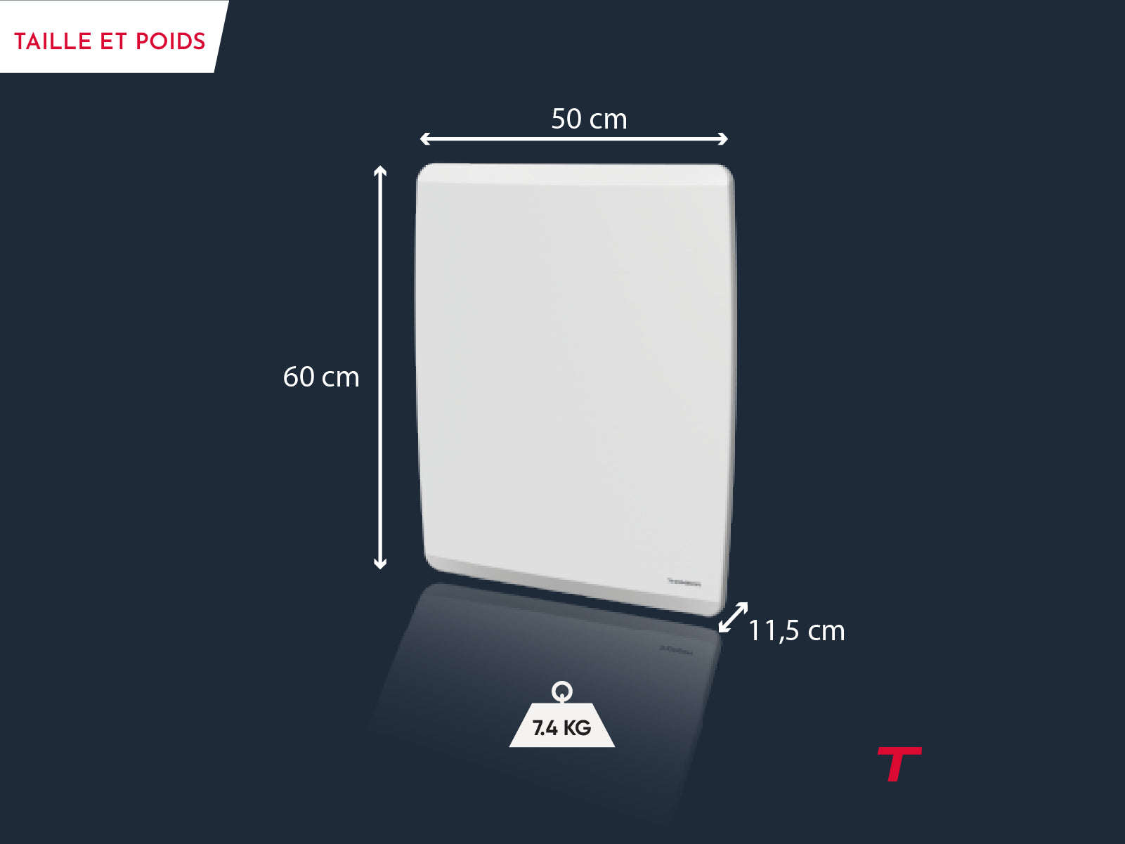Poids et dimensions du radiateur à inertie sèche connecté MOLY de Thomson