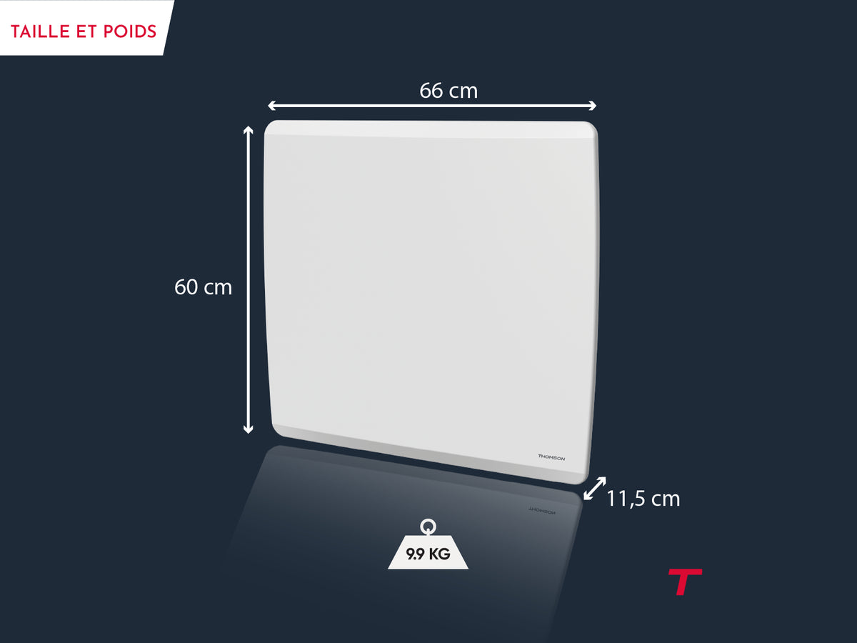 Poids et dimensions du radiateur à inertie sèche connecté MOLY de Thomson