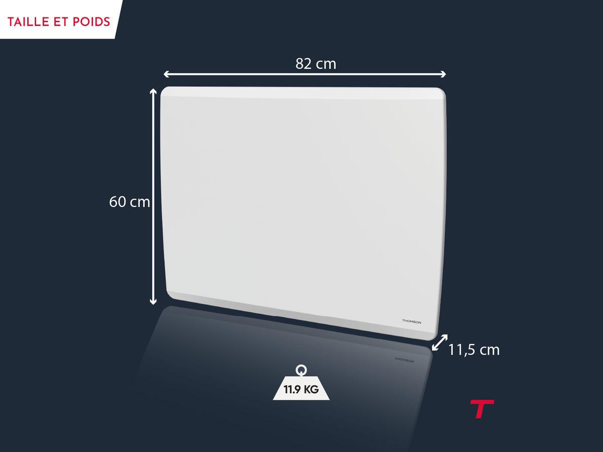 Poids et dimensions du radiateur à inertie sèche connecté MOLY de Thomson