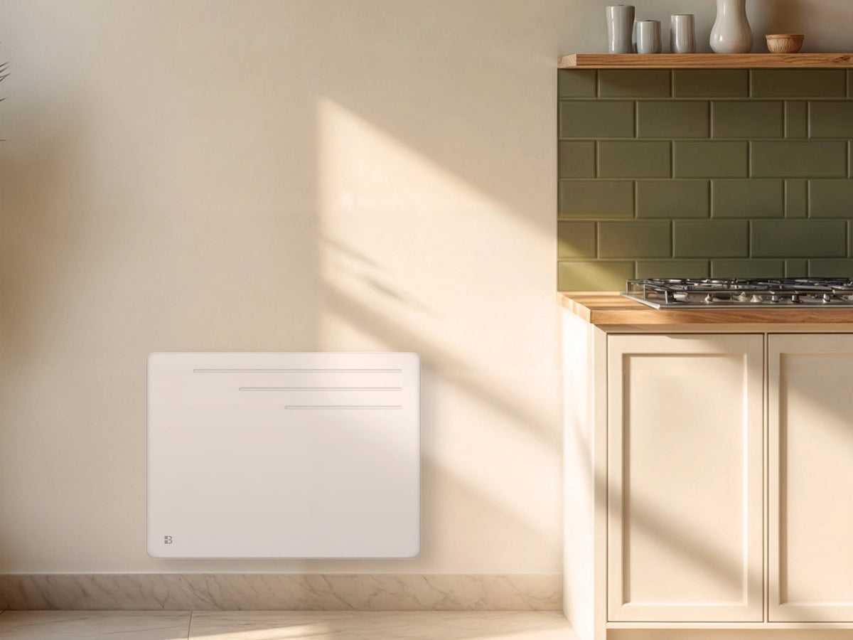 Radiateur à inertie sèche fonte MOTU dans une cuisine d'ambiance