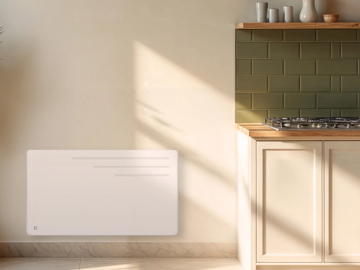 Radiateur à inertie sèche fonte MOTU dans une cuisine d'ambiance
