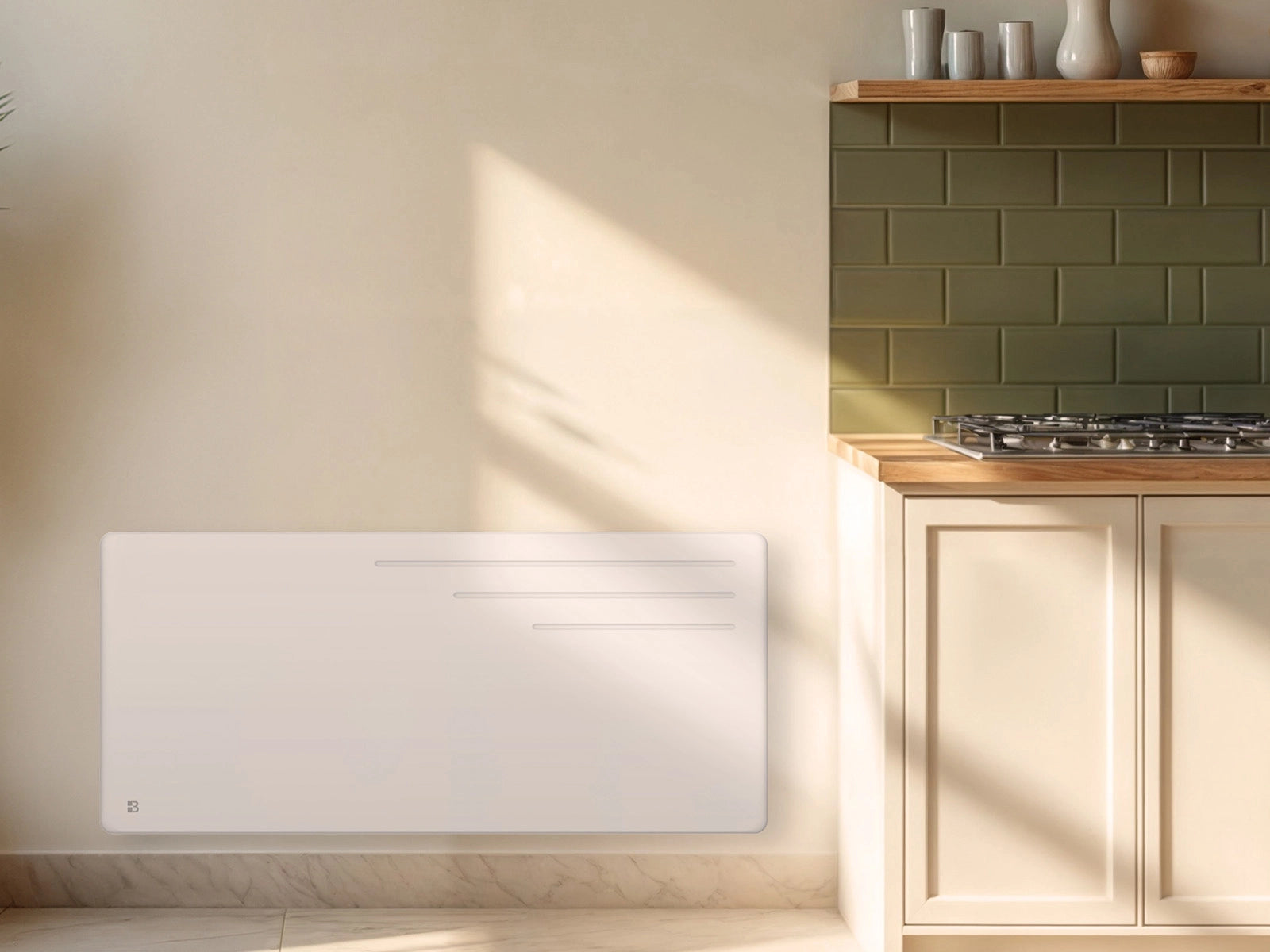 Radiateur à inertie sèche fonte MOTU dans une cuisine d'ambiance