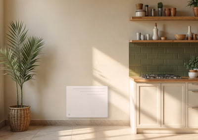Image du radiateur électrique MOTU 1000W, au design moderne, diffusant une chaleur douce et homogène grâce à son cœur en fonte, installé dans une cuisine. 