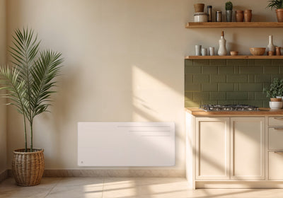 Image du radiateur électrique MOTU 2000W, au design moderne, diffusant une chaleur douce et homogène grâce à son cœur en fonte, installé dans une cuisine. 