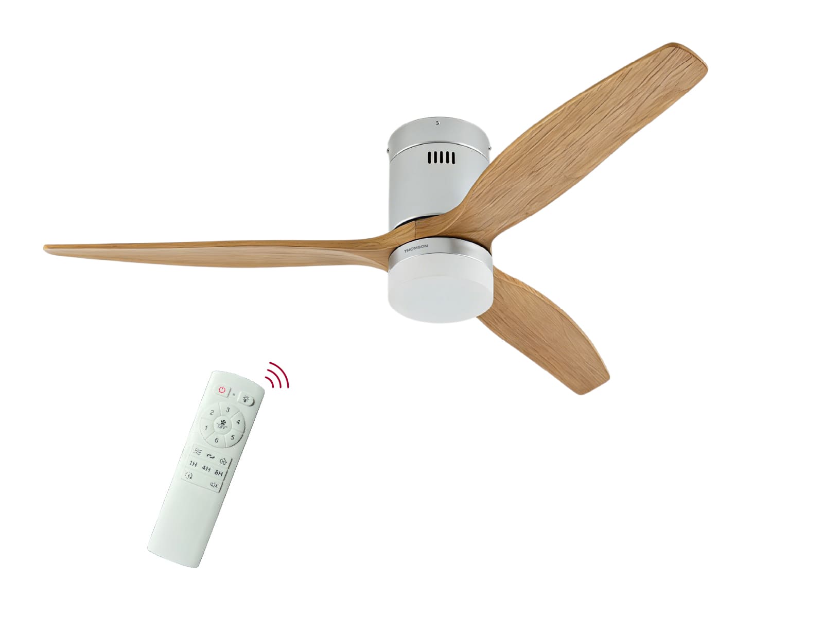 Ventilateur de plafond NAO avec télécommande sur fond blanc