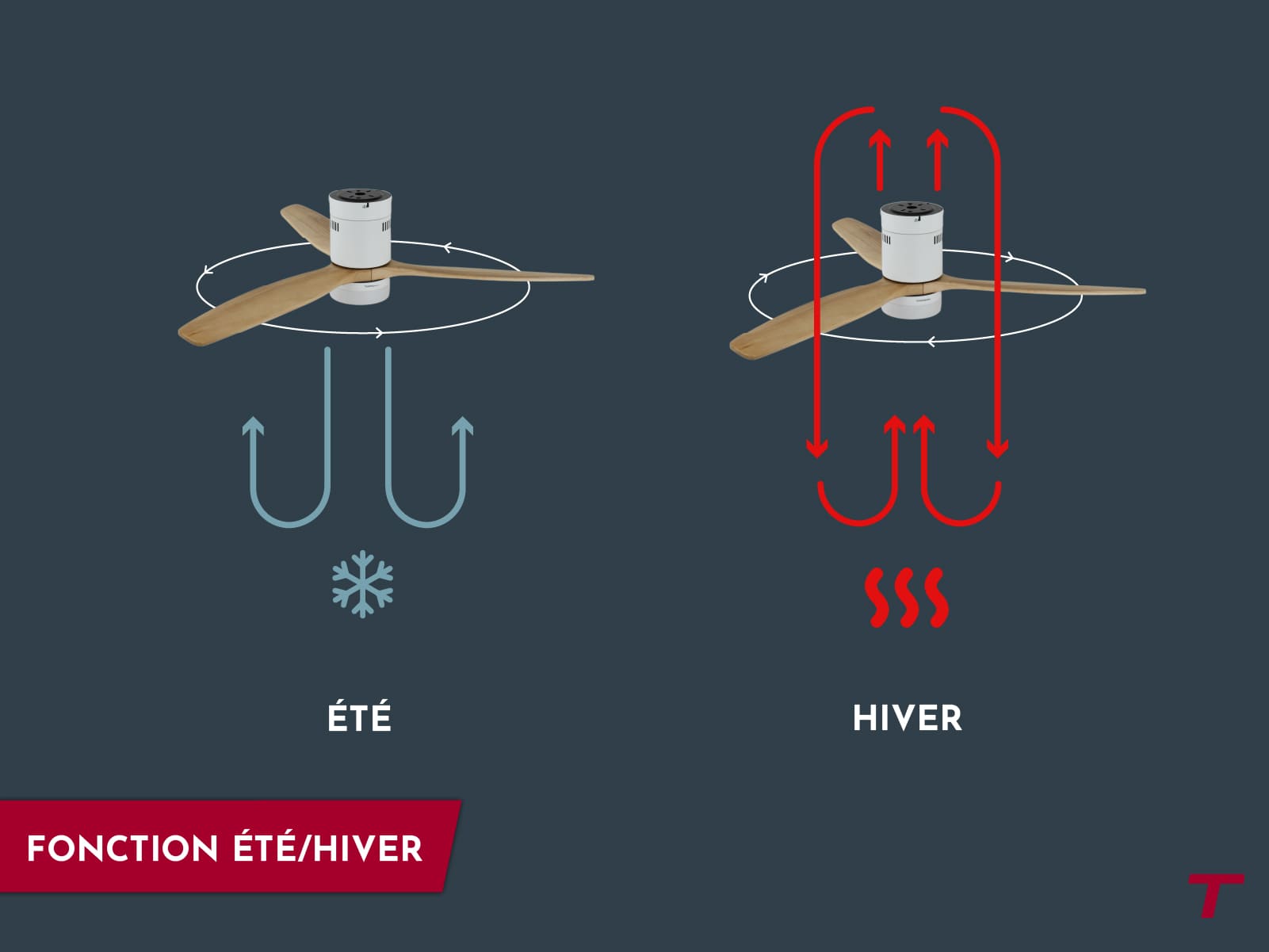 Ventilateur de plafond NAO avec ventilation réversible et fonction hiver été