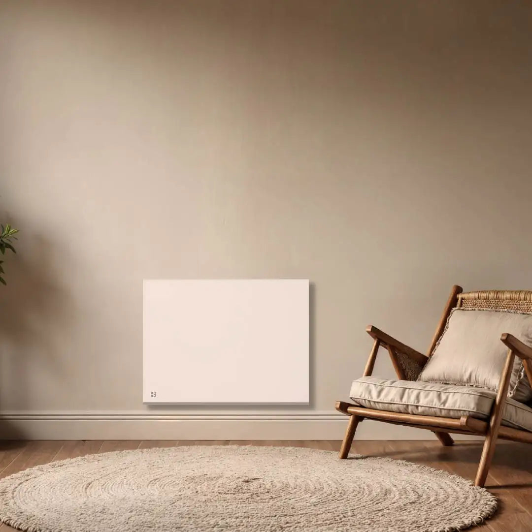 Radiateur électrique à inertie sèche céramique WiFi NESSA CONNECT Bestherm installé dans un salon moderne avec thermostat connecté programmable