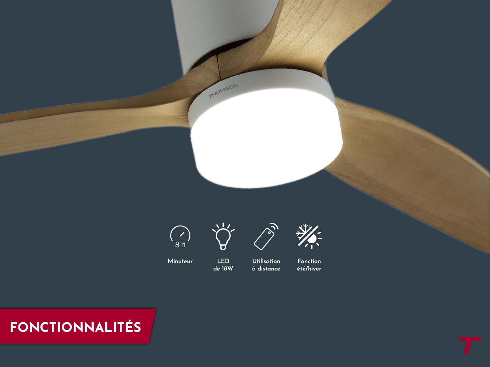 Ventilateur de plafond OLIA avec pictogrammes minuterie, LED 18W, télécommande et fonction été hiver