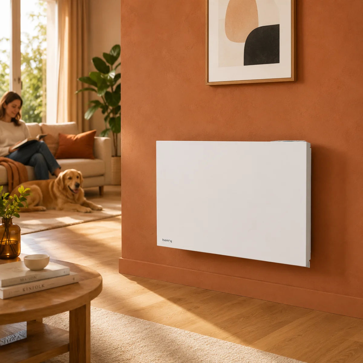 Radiateur connecté à inertie sèche céramique ORPHÉE CONNECT dans un salon chaleureux et moderne