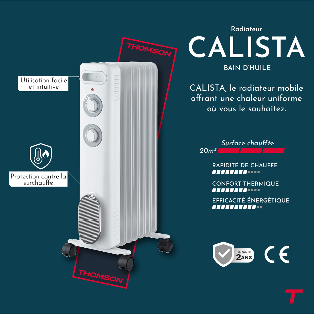 Radiateur CALISTA blanc de 2000W de la marque Thomson avec un zoom sur ses technologies 