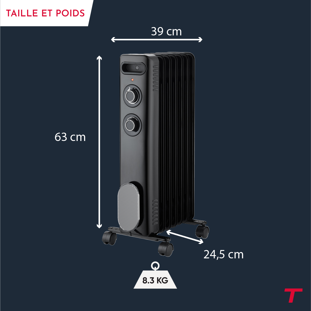 Radiateur CALISTA noir de 2000W de la marque Thomson avec ses dimensions