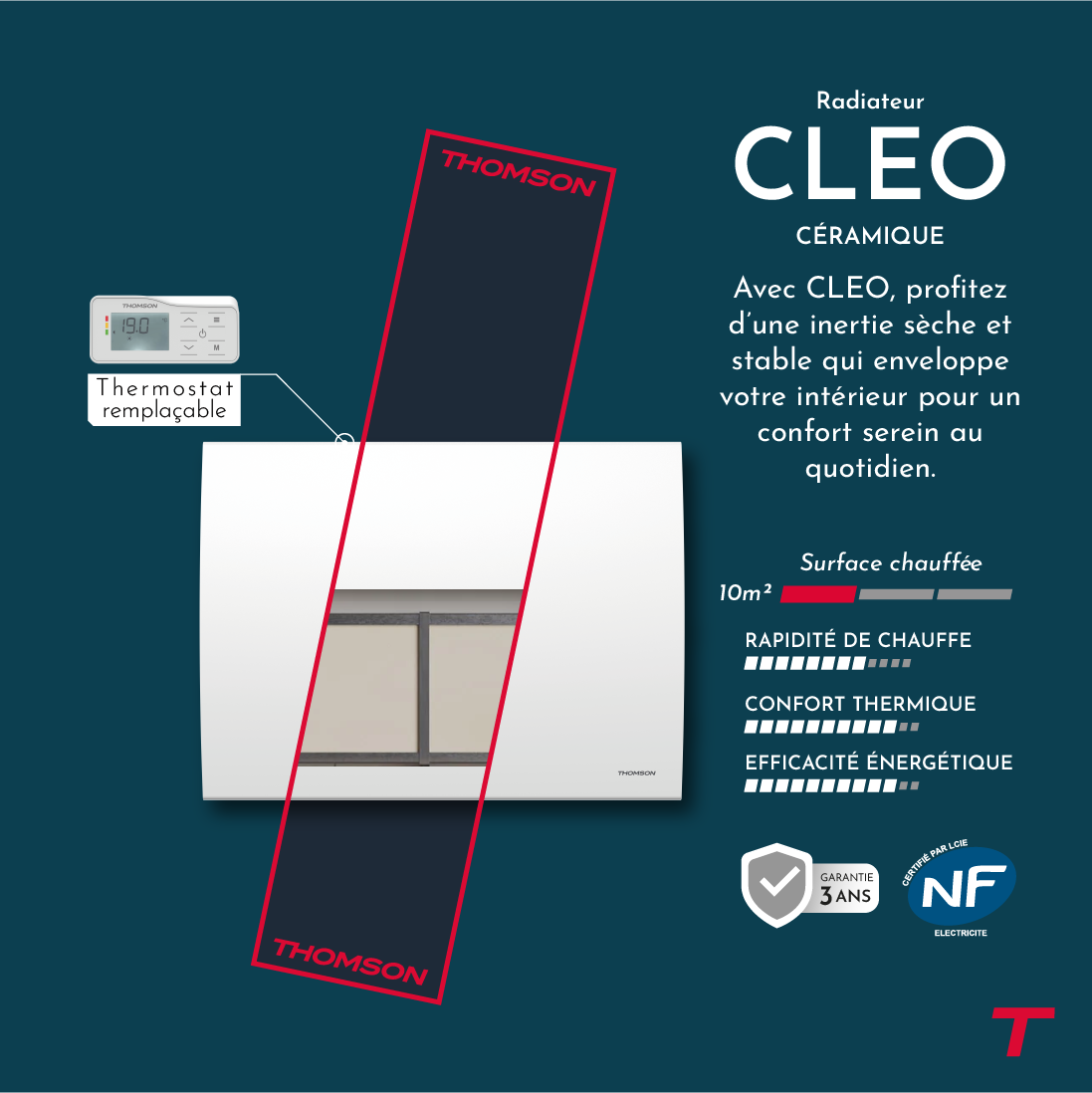 Radiateur CLEO de la marque Thomson, présenté avec un focus sur ses technologies.