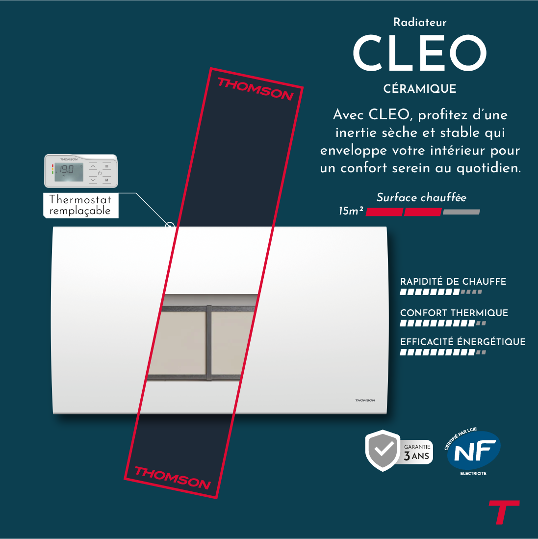Radiateur CLEO de 1500W de  la marque Thomson avec un focus sur sa technologie