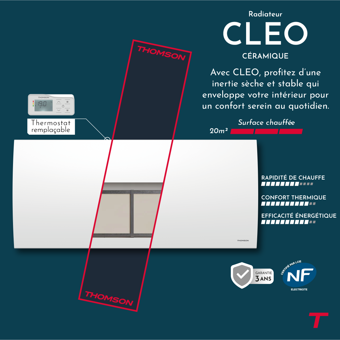 Radiateur électrique CLEO de la marque Thomson de 2000W avec un focus sur la technologie.  
