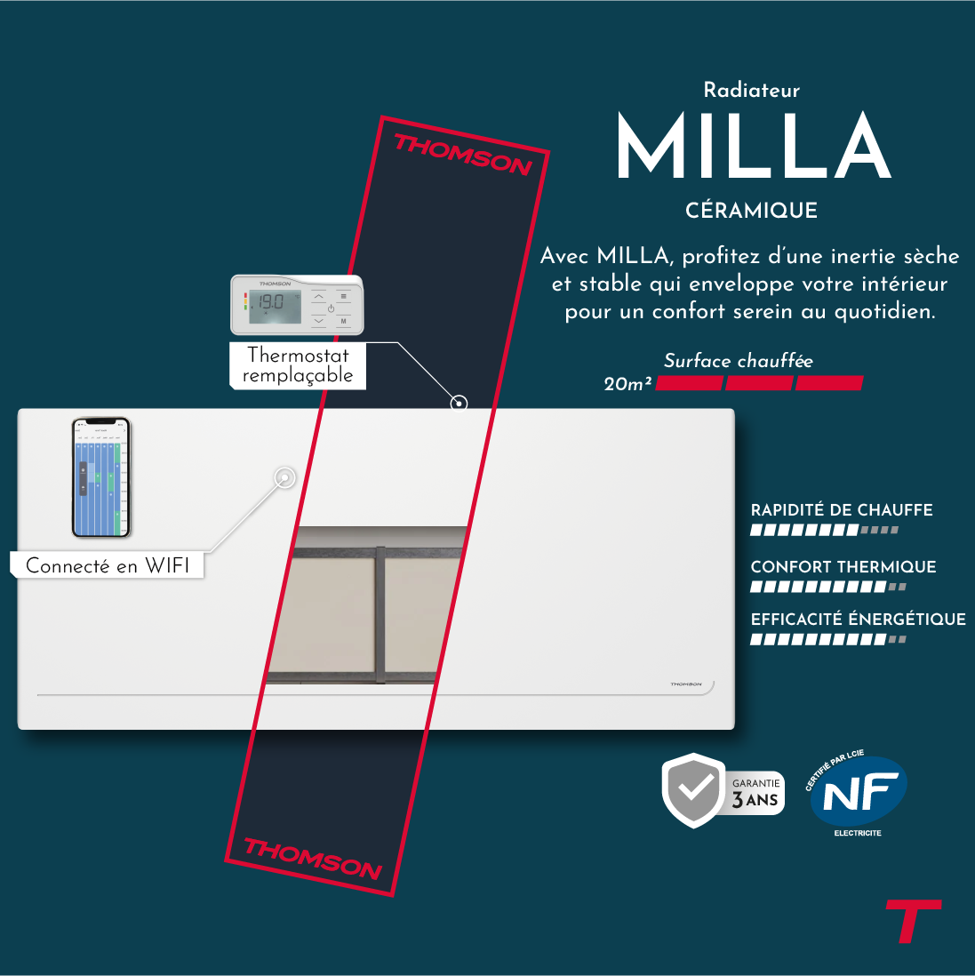 Radiateur MILLA de 2000W de la marque Thomson avec un focus sur les technologies. 