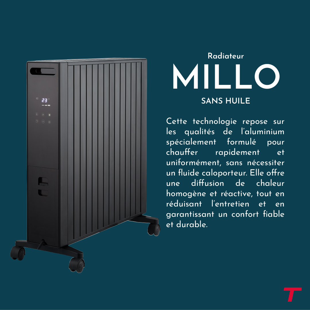 Radiateur MILLO de 2000W de la marque Thomson avec focus sur sa technologie sans huile