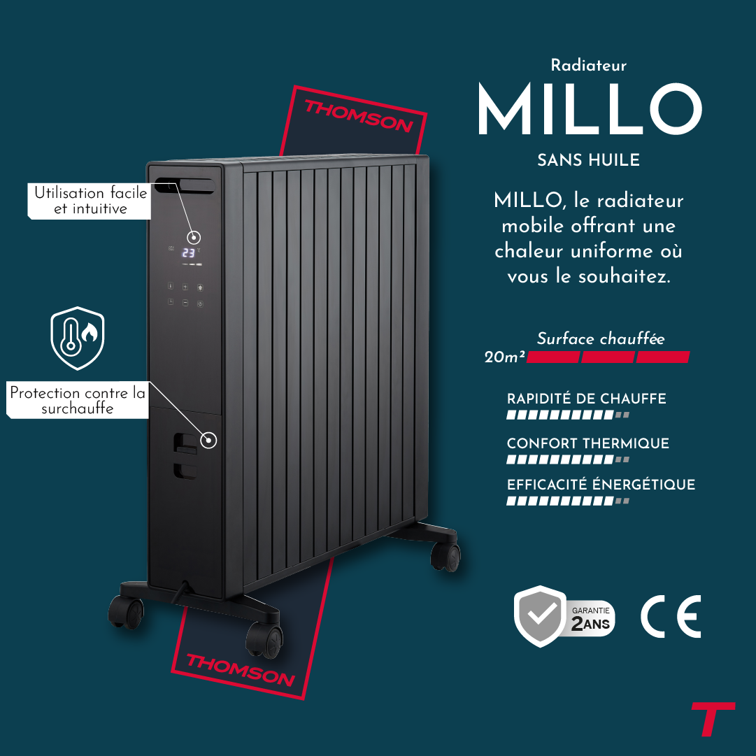 Radiateur MILLO 2000W de la marque Thomson avec ses technologies. 