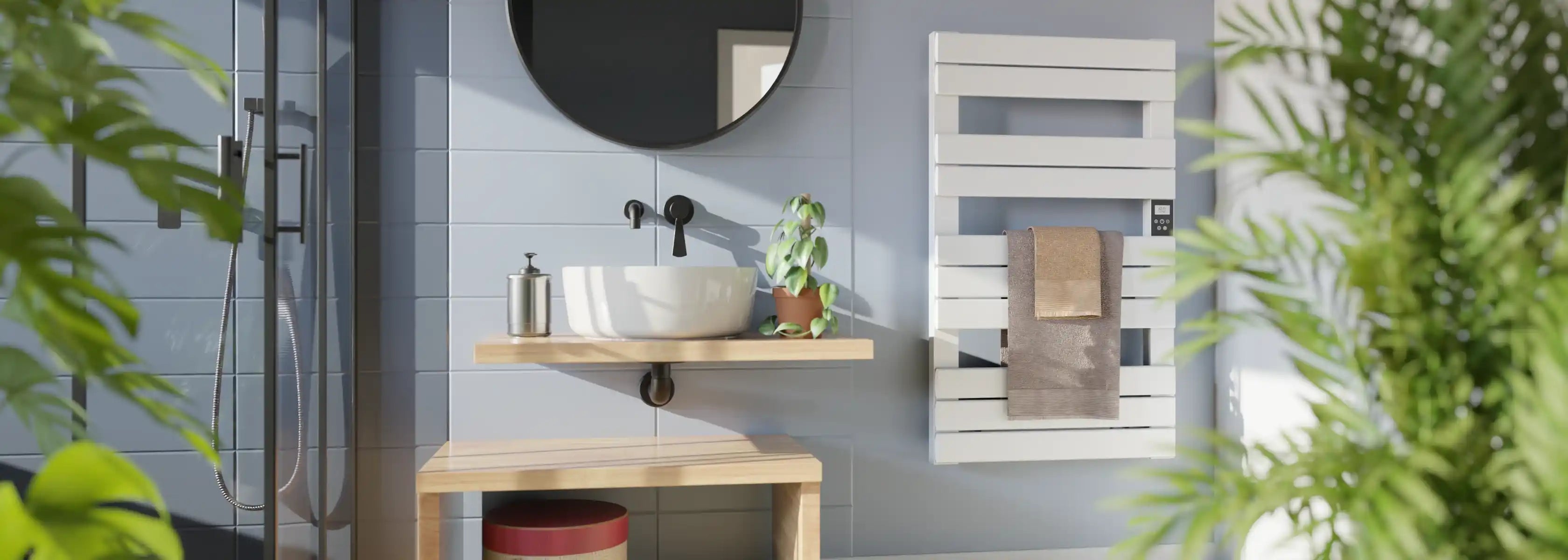 Sèche-serviettes électrique blanc à inertie sèche installé dans une salle de bain moderne