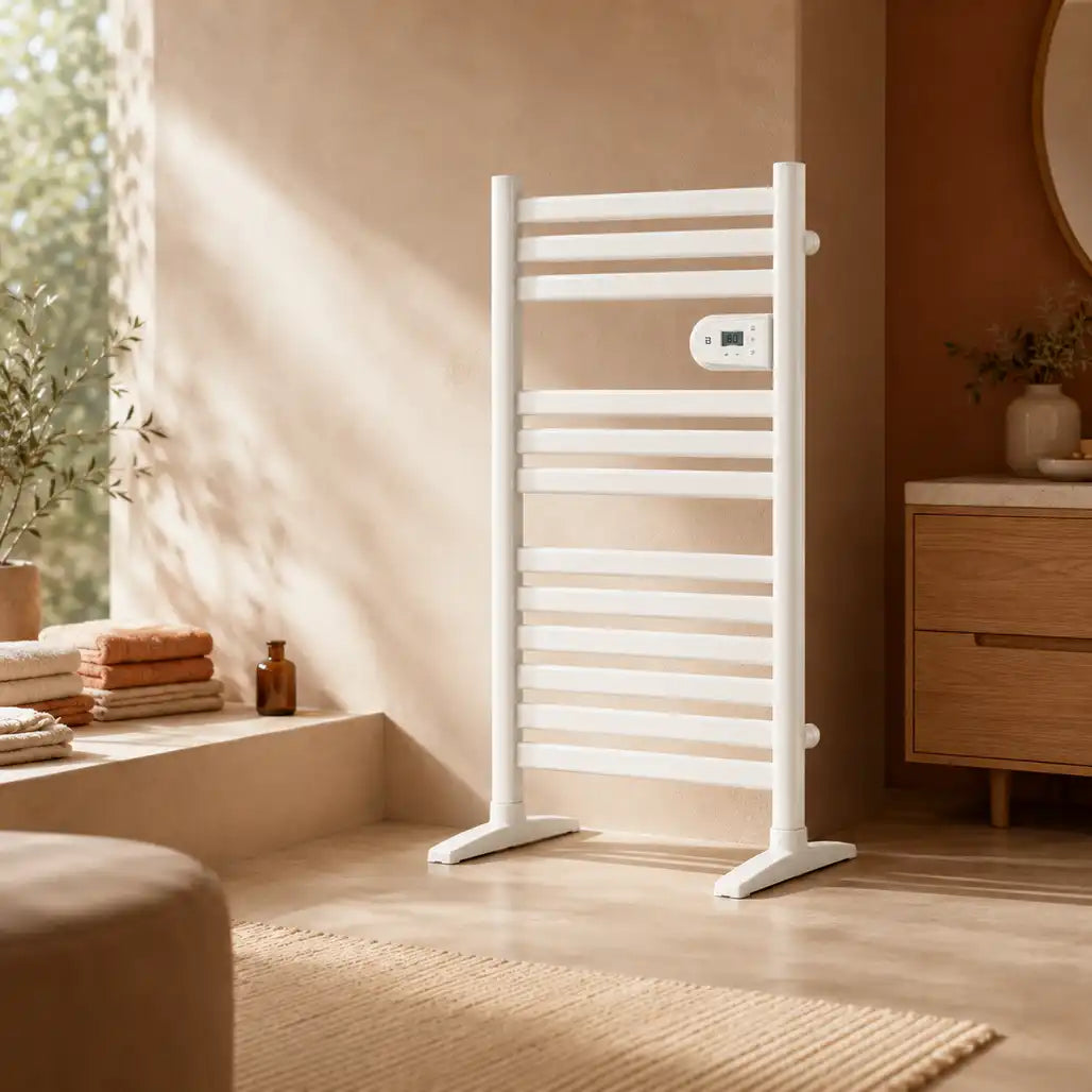 Sèche serviette sur pieds connecté SORIA dans une salle de bain moderne