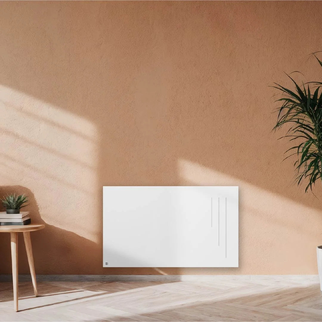 Radiateur électrique à inertie sèche céramique NF SPARK installé dans un salon moderne avec thermostat électronique programmable